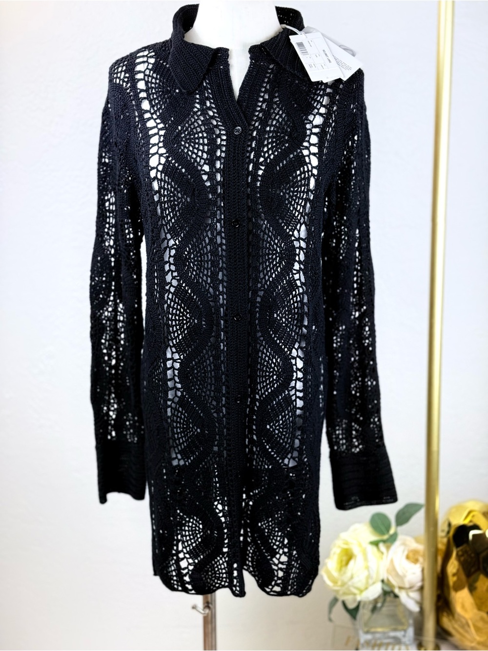 HELMUT LANG NWT True Black Pointelle Crochet Cardigan|Quiet Luxury/Old Money S